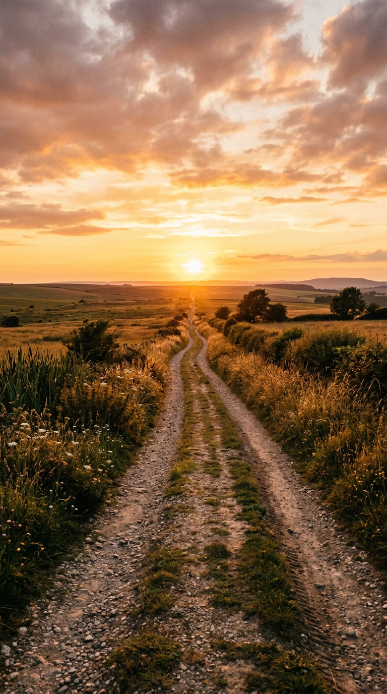 Caminho se estendendo em direção ao horizonte, ao pôr do sol