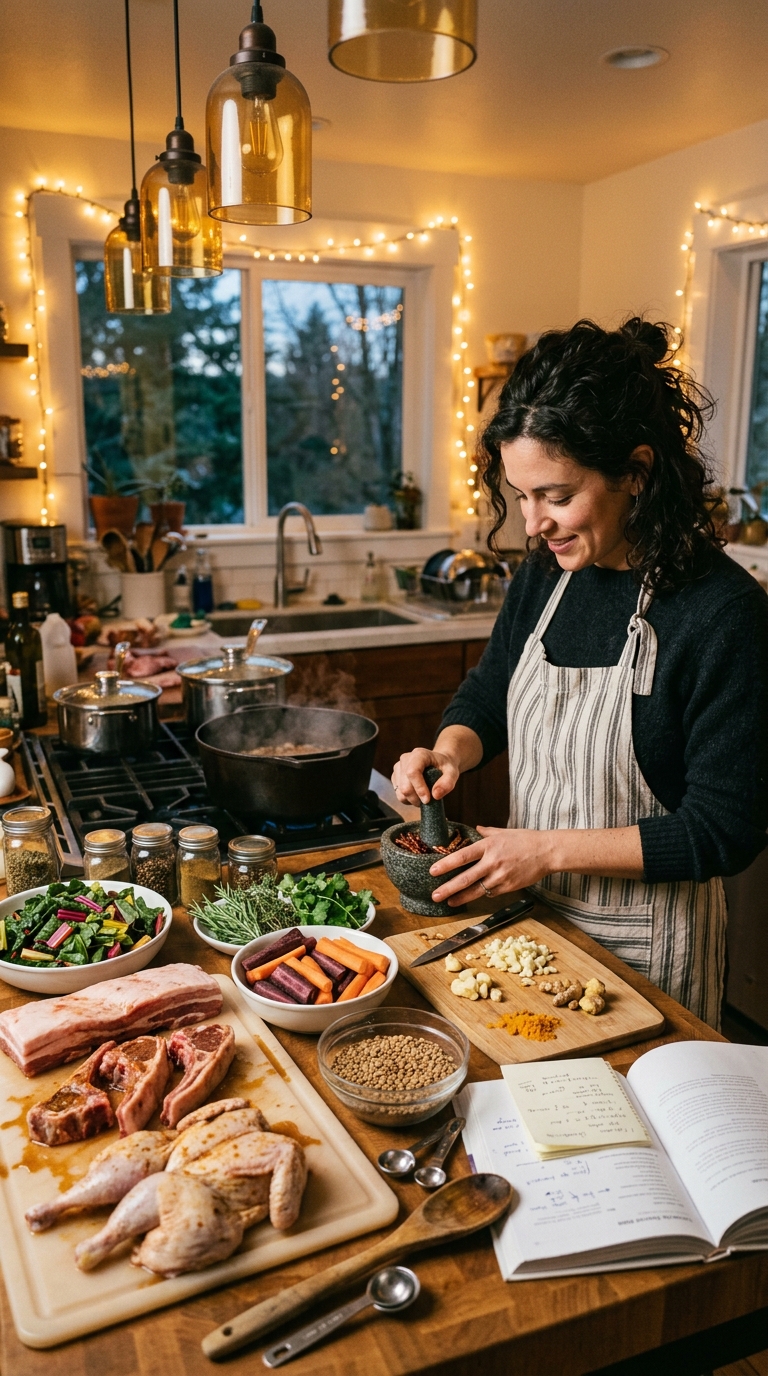 Preparo de uma refeição real, com ingredientes integrais numa cozinha aconchegante